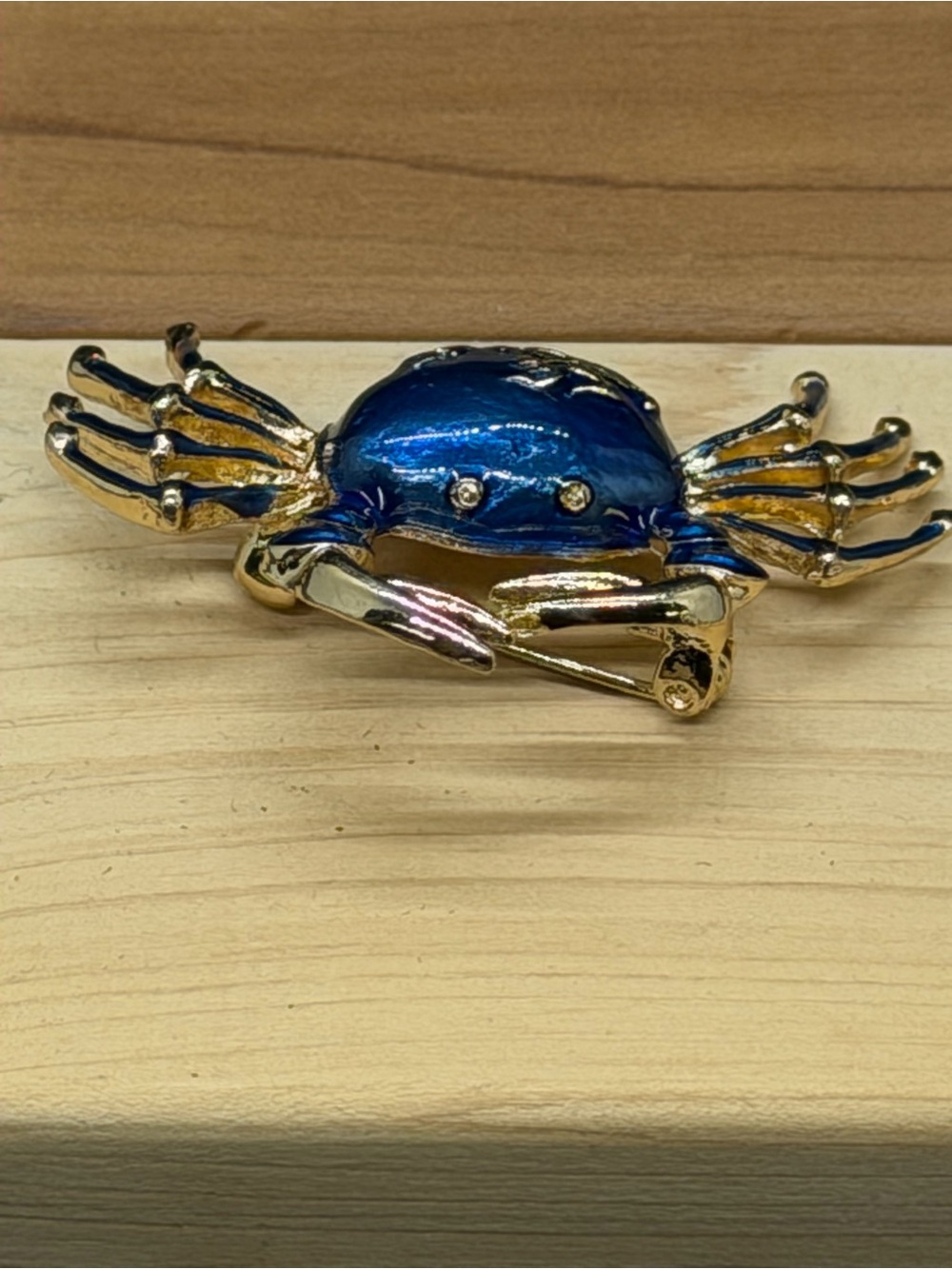 Vintage Blue Enamel Crab Brooch Gold Tone Coastal Beach Nautical Figural Pin